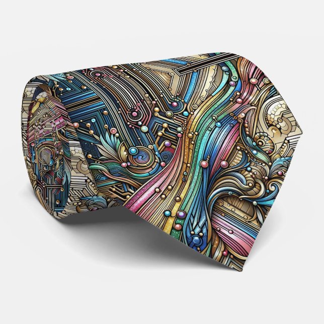 Gravata Art Deco Art Nouveau Rainbow Circuit Board Necktie (Rolled)