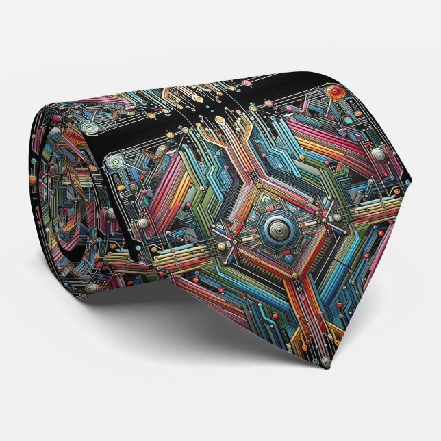 Gravata Art Deco Art Nouveau Rainbow Circuit Board Necktie (Rolled)