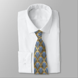 Gravata Art Deco Azul Dourado Padrão de Leque Geométrico V