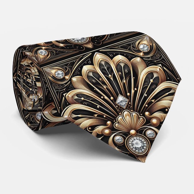 Gravata Art Deco Black and Gold Seashell Pattern Neck Tie (Rolled)