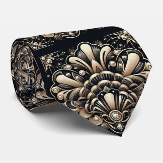 Gravata Art Deco Black and Gold Seashell Pattern Neck Tie