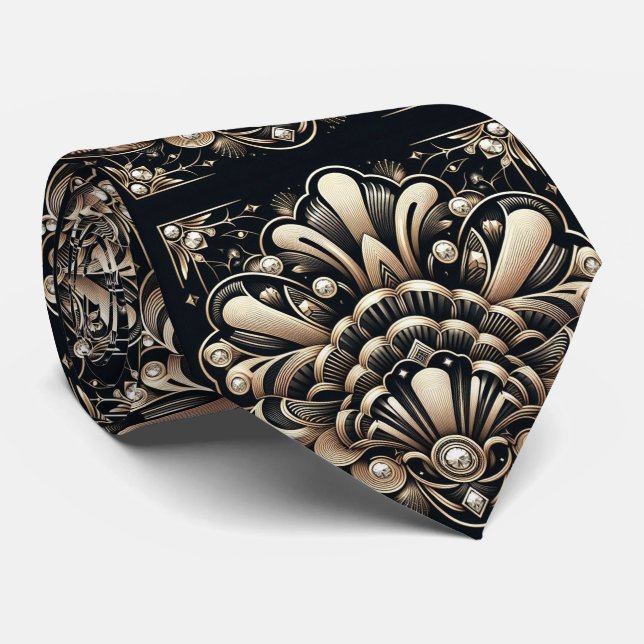 Gravata Art Deco Black and Gold Seashell Pattern Neck Tie (Rolled)