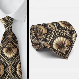 Gravata Art Deco Black and Gold Seashell Pattern Neck Tie