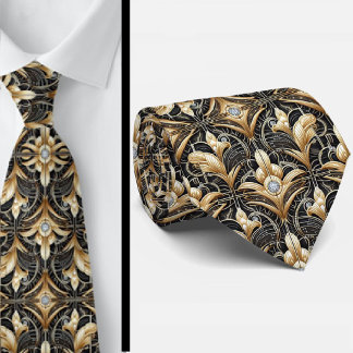 Gravata Art Deco Black and Gold Seashell Pattern Neck Tie