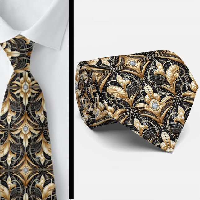 Gravata Art Deco Black and Gold Seashell Pattern Neck Tie (Criador carregado)