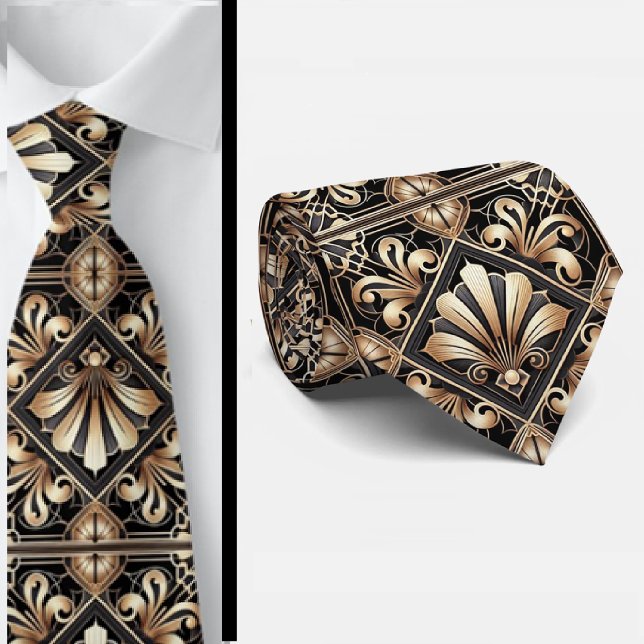 Gravata Art Deco Black and Gold Seashell Pattern Neck Tie (Criador carregado)