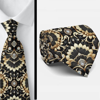 Gravata Art Deco Black and Gold Seashell Pattern Neck Tie