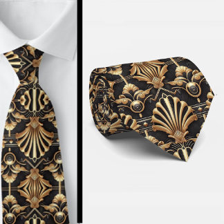 Gravata Art Deco Black and Gold Seashell Pattern Neck Tie