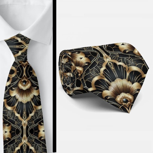 Gravata Art Deco Black and Gold Seashell Pattern Neck Tie (Criador carregado)