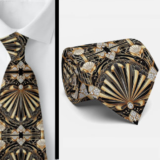 Gravata Art Deco Black and Gold Seashell Pattern Neck Tie