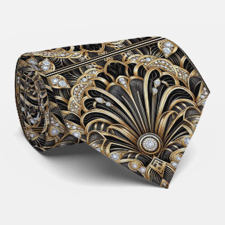 Gravata Art Deco Black and Gold Seashell Pattern Neck Tie