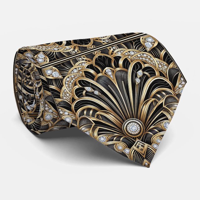 Gravata Art Deco Black and Gold Seashell Pattern Neck Tie (Rolled)