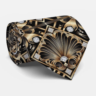 Gravata Art Deco Black and Gold Seashell Pattern Neck Tie