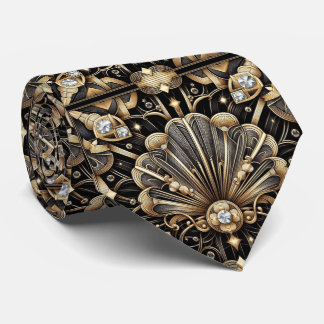 Gravata Art Deco Black and Gold Seashell Pattern Neck Tie