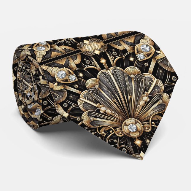Gravata Art Deco Black and Gold Seashell Pattern Neck Tie (Rolled)