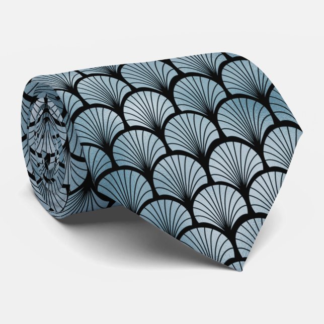 Gravata Art Deco Blue and Black Fan Patterk Neck Tie (Rolled)
