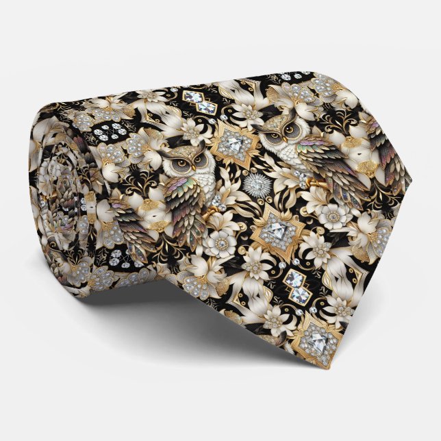Gravata Art Déco com Coruja Arco-íris – Preto, Bra (Rolled)