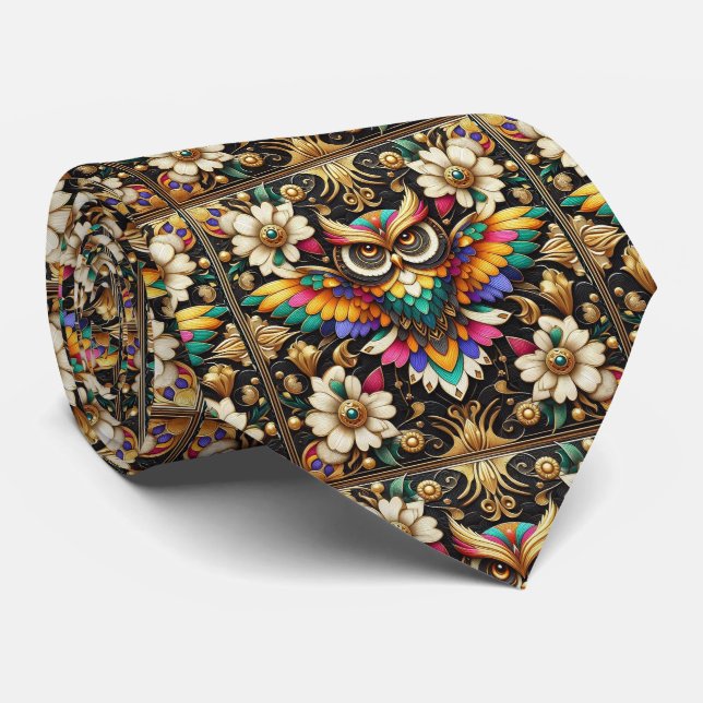 Gravata Art Déco com Coruja Arco-íris – Preto, Bra (Rolled)