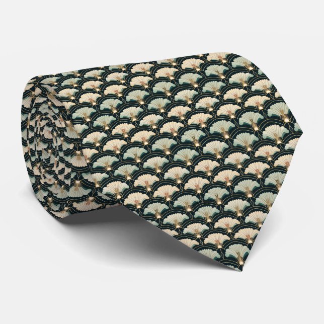 Gravata Art Déco Creme e Azul Turquesa com Padrão  (Rolled)