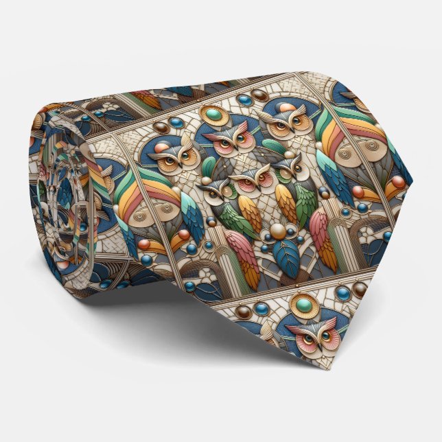 Gravata Art Déco de Coruja Arco-Íris – Preto, Bran (Rolled)