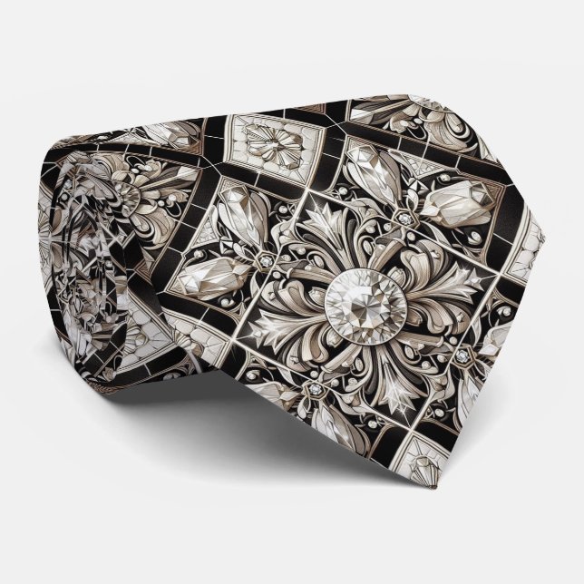 Gravata Art Deco Falso Seda | Diamantes de Luxo Preto e Br (Rolled)