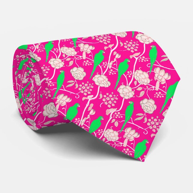 GRAVATA ART DECO PINK FLORES BRANCOS COM PARTES VERDES (Rolled)
