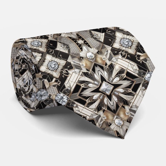 Gravata Art Deco Preto e Branco Diamantes  (Rolled)