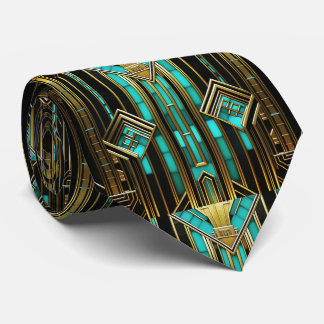 Gravata Art Deco Turquesa Dourado Preto Geométrico