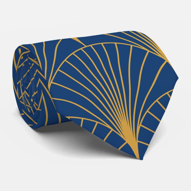 Gravata Art Deco Ventoinhas Geométricas Douradas em Azul M (Rolled)
