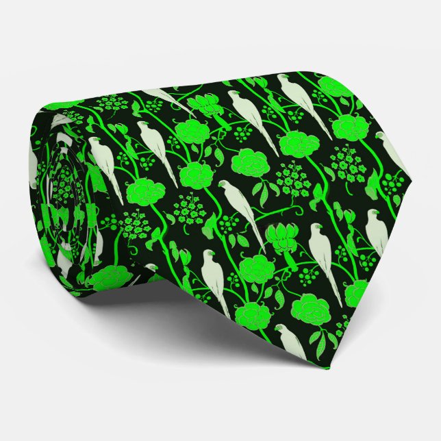 GRAVATA ART DECO VERDE FLORES, PARRÓGÃOS BRANCOS A PRETO (Rolled)