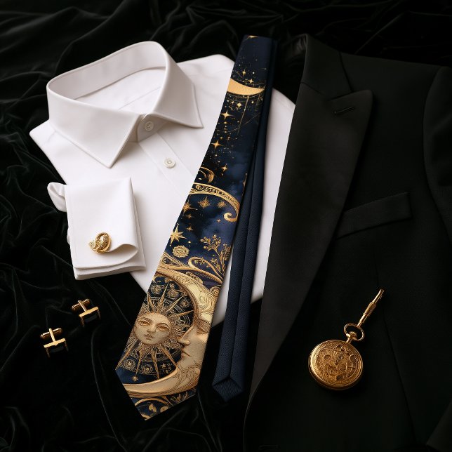 Gravata Art Nouveau Celestial Ouro Sol Lua Azul-Marinho Me (Art Nouveau Celestial Gold Sun Moon Midnight Navy Neck Tie)
