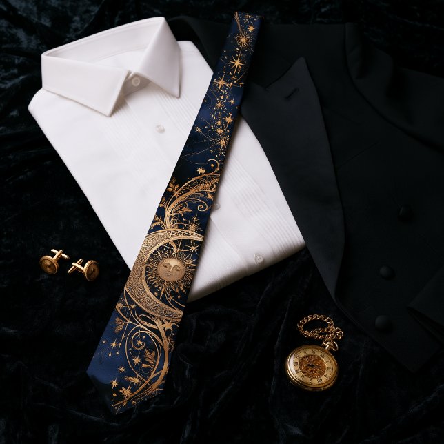 Gravata Art Nouveau Celestial Ouro Sol Lua Meia-Noite Azul (Art Nouveau Celestial Gold Sun Moon Midnight Navy Neck Tie)