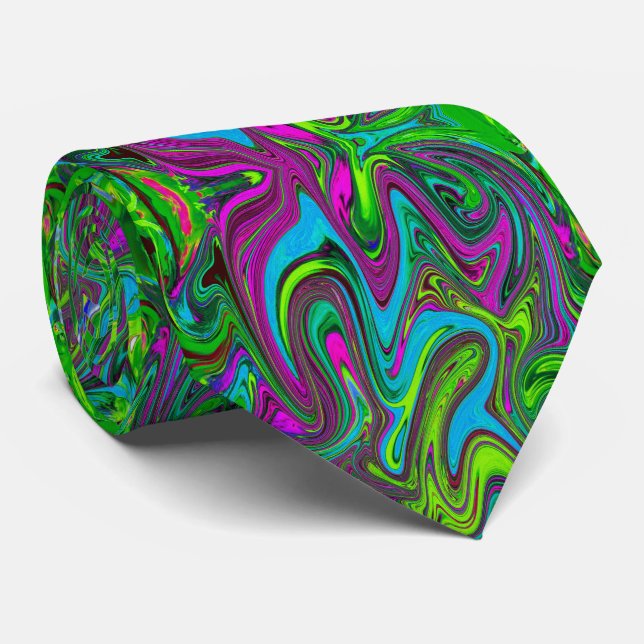 Gravata Arte abstrata ondulada verde, azul e magenta (Rolled)
