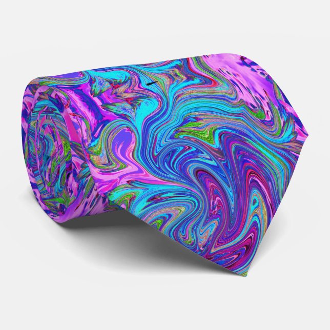 Gravata Arte Abstrata Retro Groovy Azul, Rosa e Roxo (Rolled)
