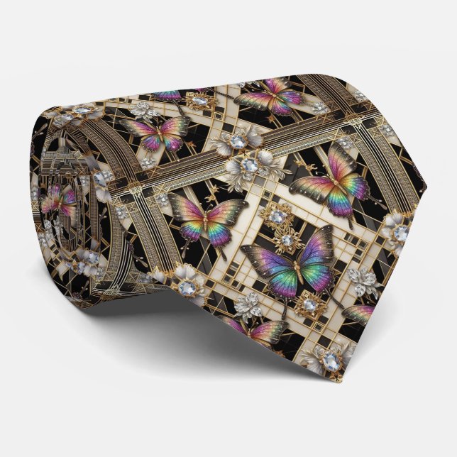 Gravata Arte Deco Retro Borboleta Arco-Íris Nouveau (Rolled)