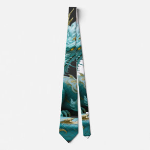 Gravata Arte Fantasia Design Dragão Dourado Verde Chinês C