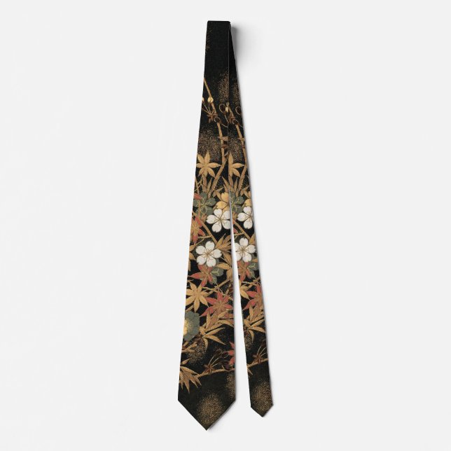 Gravata Arte Floral Outonal em Preto e Dourado Vintage Jap (Frente)
