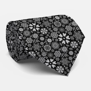 Gravata Arte Floral Retro Preto e Cinza Padrão Sem Costura