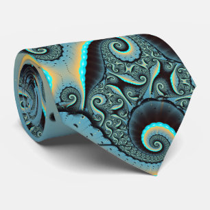 Gravata Arte Fractal Espiral Azul Turquesa Laranja Abstrat