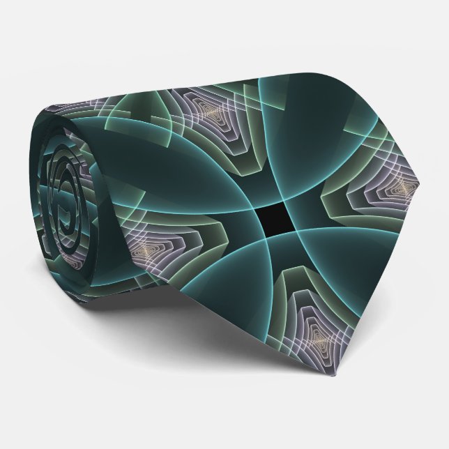 Gravata Arte Gráfica Geométrica Fractal Azul Moderno (Rolled)