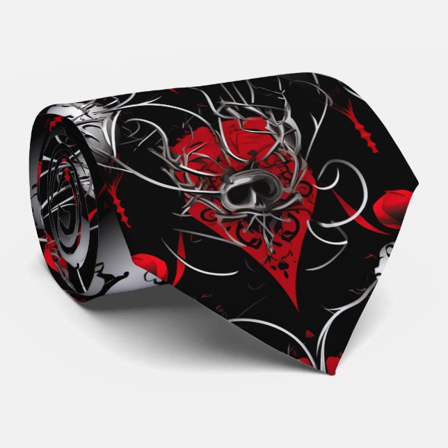 Gravata Arte Linear de Caveira Gótica Vermelha Preta e Cin (Rolled)
