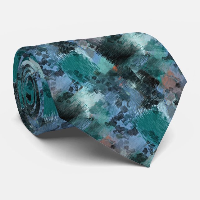 Gravata Arte Moderna com Pinceladas de Verde Teal Violeta  (Rolled)