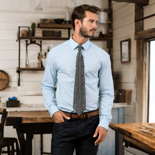 Gravata Arte Negra Negra Lebre Carimbo (Sleek Black White Art Deco Mites Mens Chic Neck Tie Male Model Standing in Room)