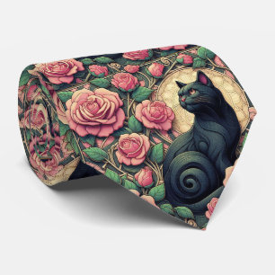 Gravata Arte Nova Arte Deco Gato Preto com Rosas Rosa