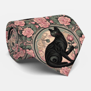 Gravata Arte Nova Arte Deco Gato Preto com Rosas Rosa