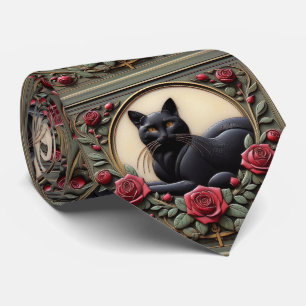Gravata Arte Nova Arte Deco Gato Preto com Rosas Vermelhas