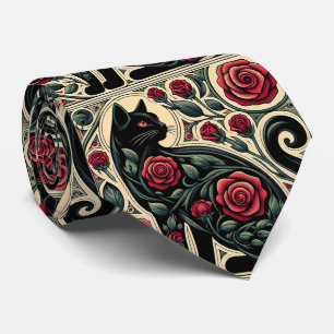 Gravata Arte Nova Arte Deco Gato Preto com Rosas Vermelhas