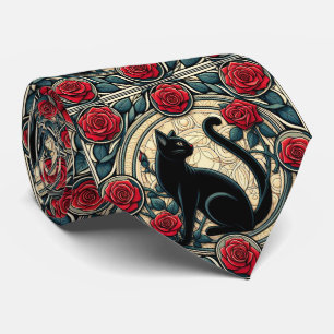 Gravata Arte Nova Arte Deco Gato Preto com Rosas Vermelhas