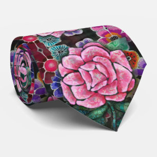 Gravata Arte Nova Botânica Floral Rosa Caprichosa
