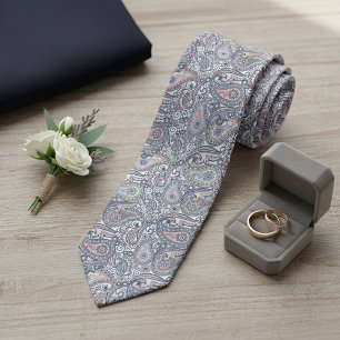 Gravata Arte Paisley Rosa Pastel Clássico Azul Claro